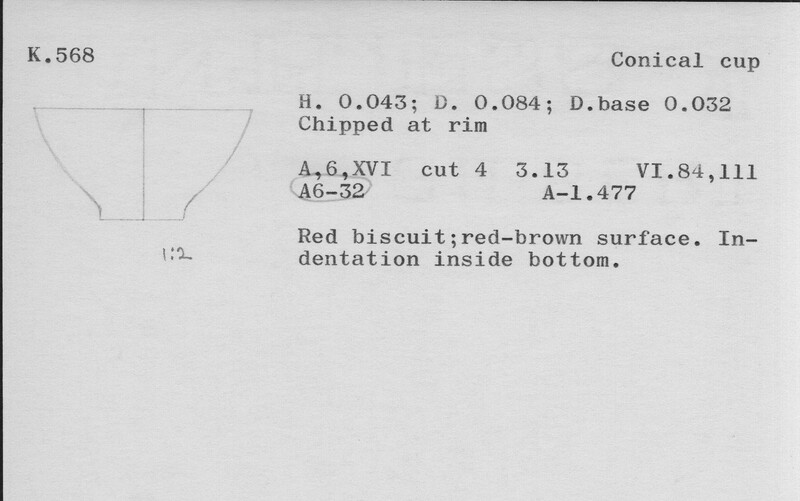 Index card with typed and handwritten information, sometimes including a sketch, of pottery from an excavation.