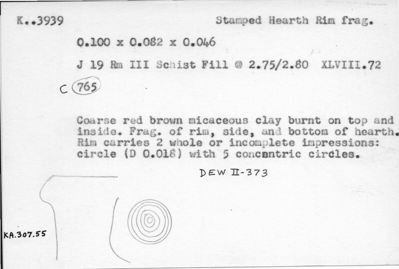 Index card with typed and handwritten information, sometimes including a sketch, of pottery from an excavation.