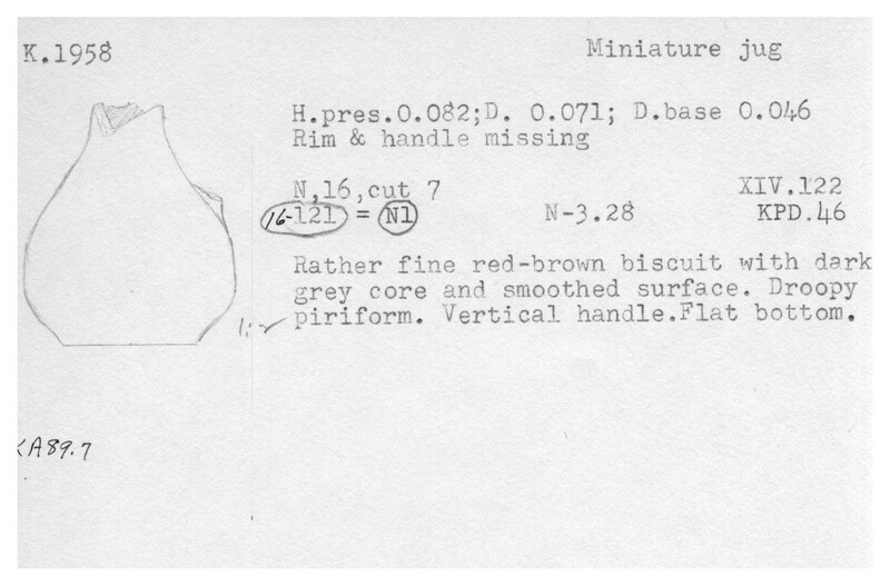 Index card with typed and handwritten information, sometimes including a sketch, of pottery from an excavation.
