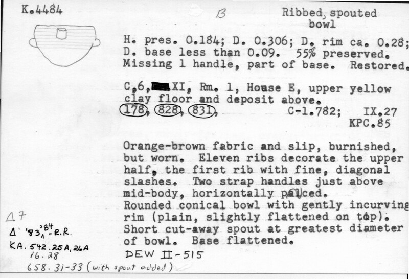 Index card with typed and handwritten information, sometimes including a sketch, of pottery from an excavation.