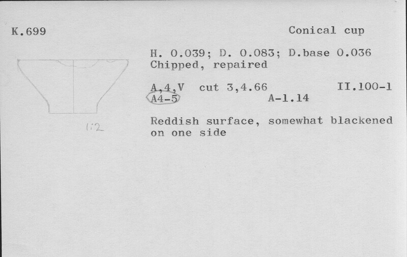 Index card with typed and handwritten information, sometimes including a sketch, of pottery from an excavation.