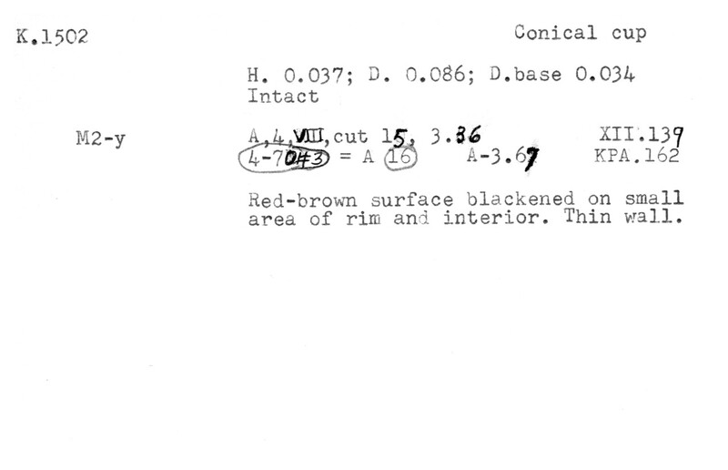 Index card with typed and handwritten information, sometimes including a sketch, of pottery from an excavation.