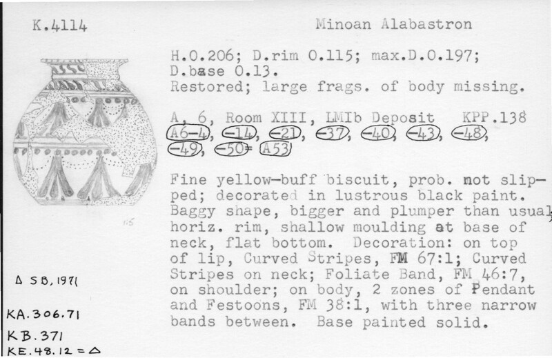 Index card with typed and handwritten information, sometimes including a sketch, of pottery from an excavation.