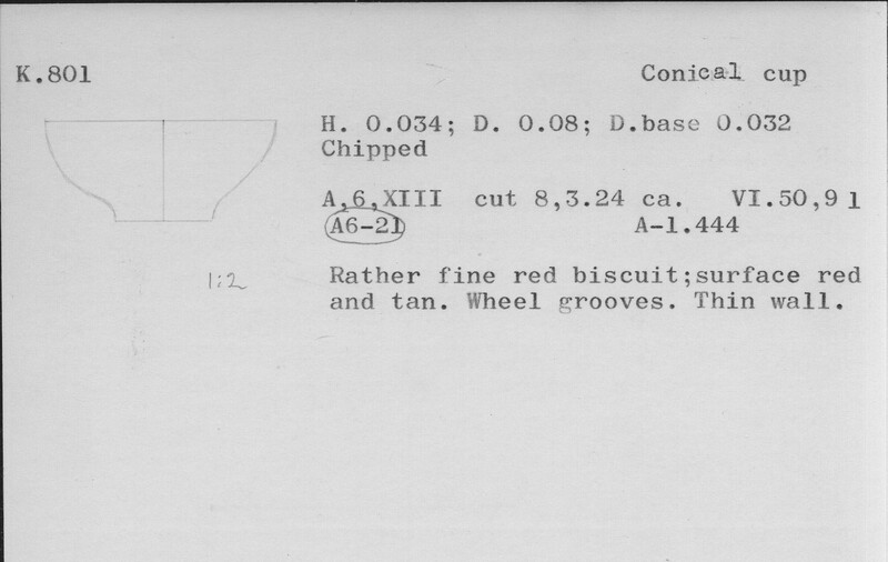 Index card with typed and handwritten information, sometimes including a sketch, of pottery from an excavation.