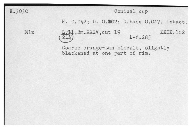 Index card with typed and handwritten information, sometimes including a sketch, of pottery from an excavation.
