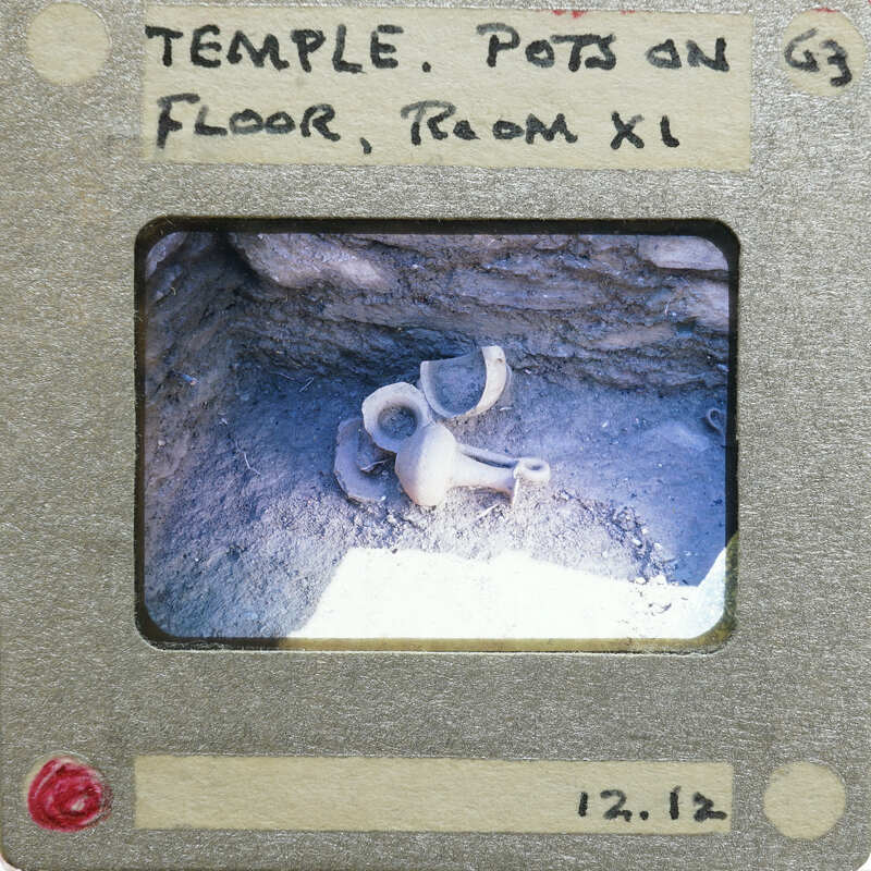 Broken pottery on a surface with a label indicating it's from the Temple, Room X10.