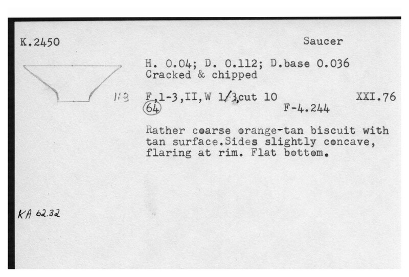 Index card with typed and handwritten information, sometimes including a sketch, of pottery from an excavation.