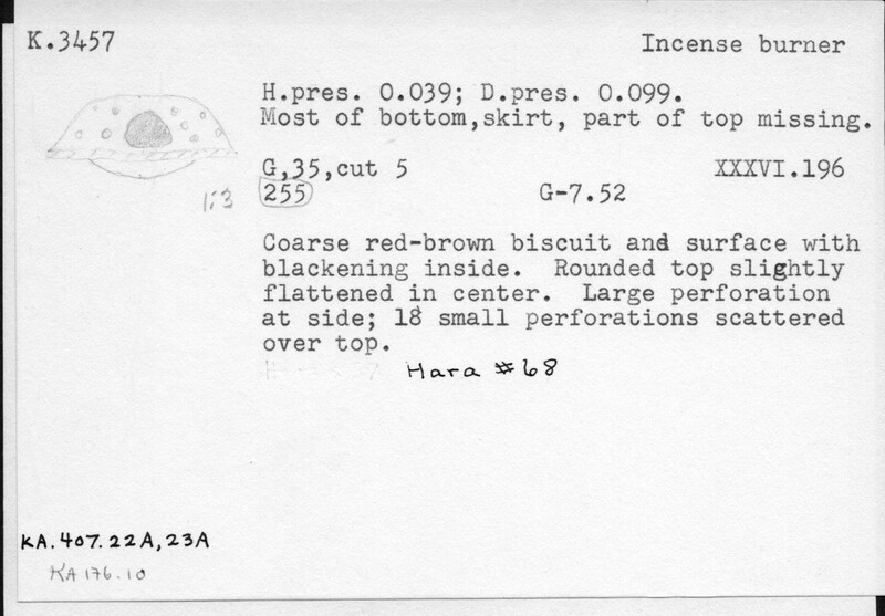 Index card with typed and handwritten information, sometimes including a sketch, of pottery from an excavation.