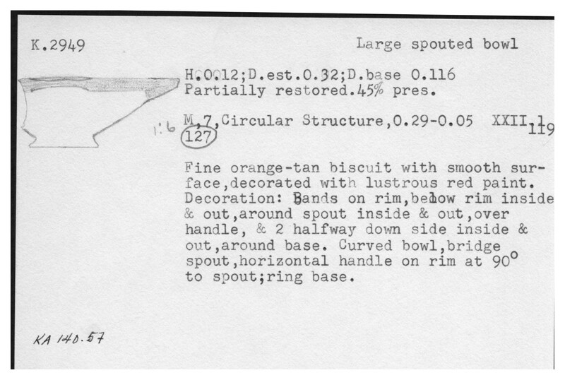 Index card with typed and handwritten information, sometimes including a sketch, of pottery from an excavation.