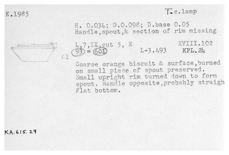 Index card with typed and handwritten information, sometimes including a sketch, of pottery from an excavation.