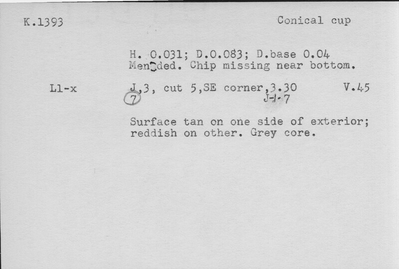 Index card with typed and handwritten information, sometimes including a sketch, of pottery from an excavation.