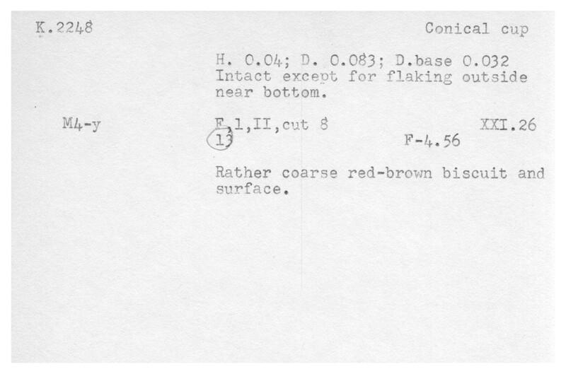 Index card with typed and handwritten information, sometimes including a sketch, of pottery from an excavation.