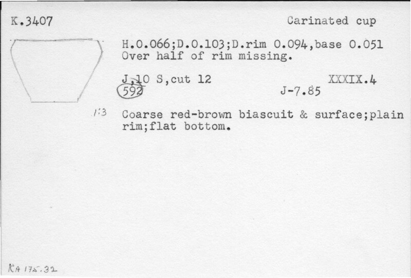 Index card with typed and handwritten information, sometimes including a sketch, of pottery from an excavation.