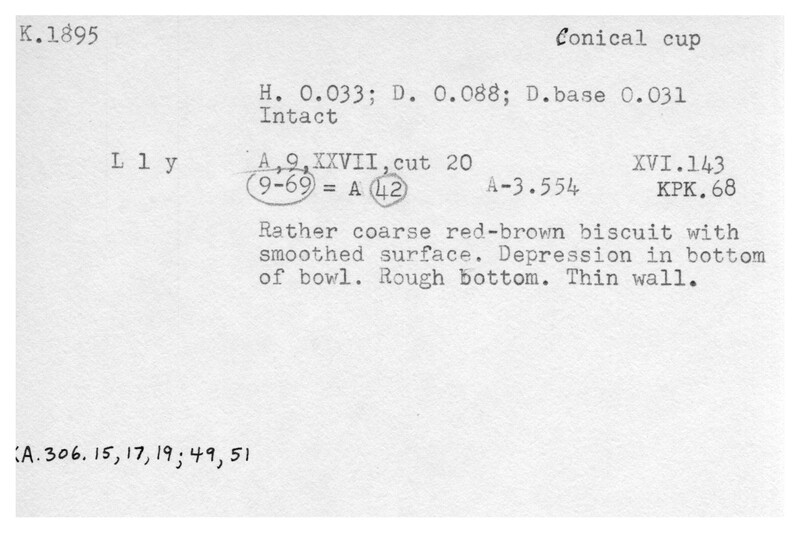 Index card with typed and handwritten information, sometimes including a sketch, of pottery from an excavation.