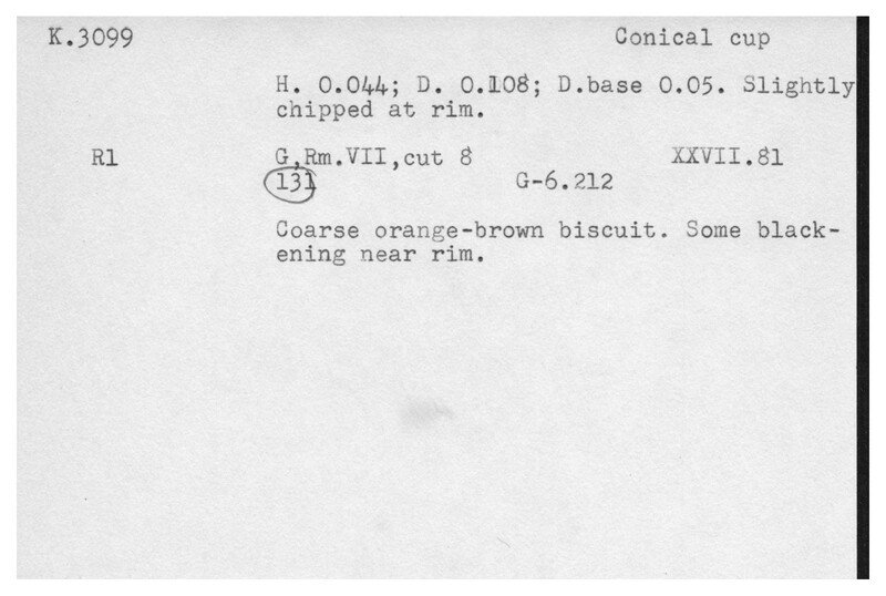 Index card with typed and handwritten information, sometimes including a sketch, of pottery from an excavation.