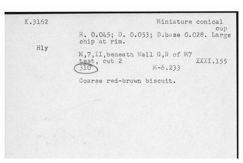 Index card with typed and handwritten information, sometimes including a sketch, of pottery from an excavation.