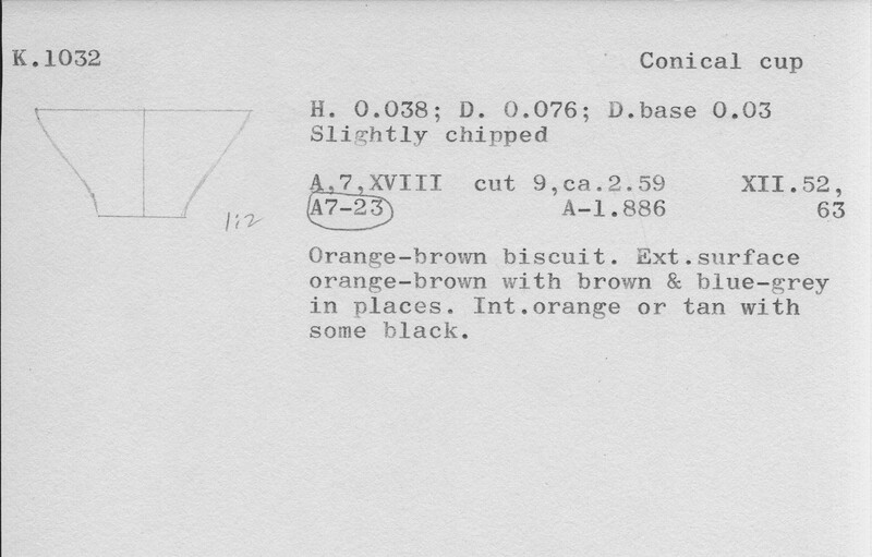 Index card with typed and handwritten information, sometimes including a sketch, of pottery from an excavation.