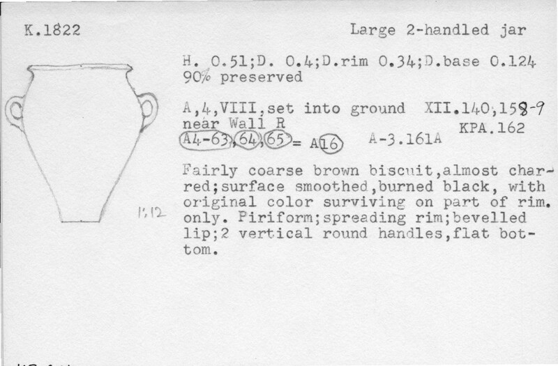Index card with typed and handwritten information, sometimes including a sketch, of pottery from an excavation.
