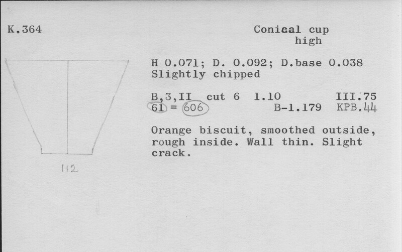 Index card with typed and handwritten information, sometimes including a sketch, of pottery from an excavation.
