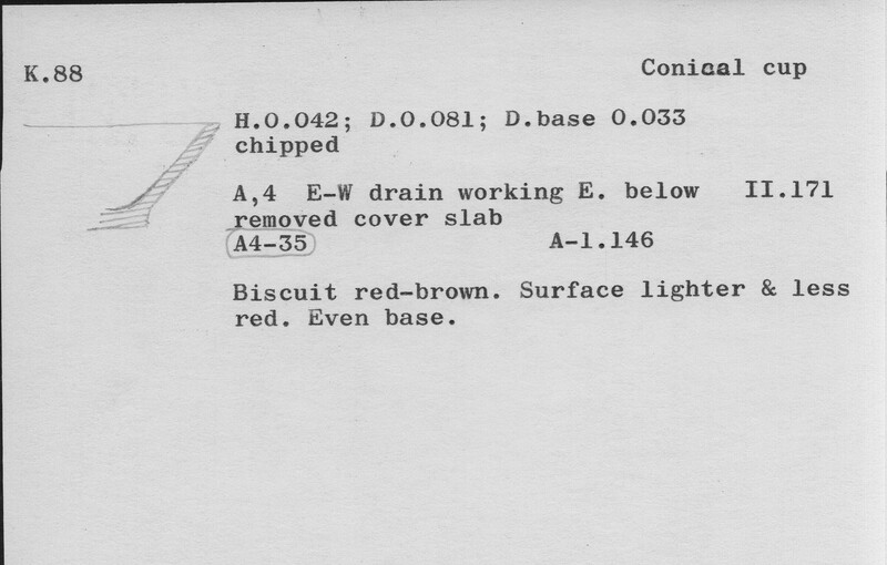 Index card with typed and handwritten information, sometimes including a sketch, of pottery from an excavation.