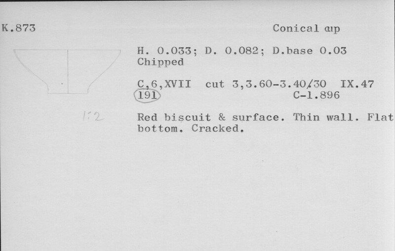 Index card with typed and handwritten information, sometimes including a sketch, of pottery from an excavation.