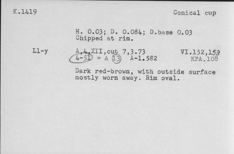 Index card with typed and handwritten information, sometimes including a sketch, of pottery from an excavation.