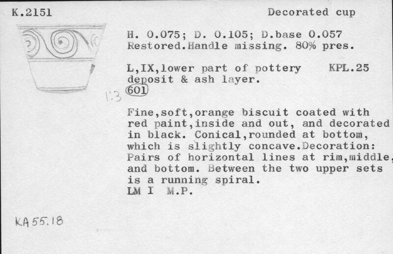 Index card with typed and handwritten information, sometimes including a sketch, of pottery from an excavation.