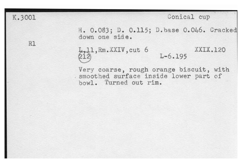 Index card with typed and handwritten information, sometimes including a sketch, of pottery from an excavation.