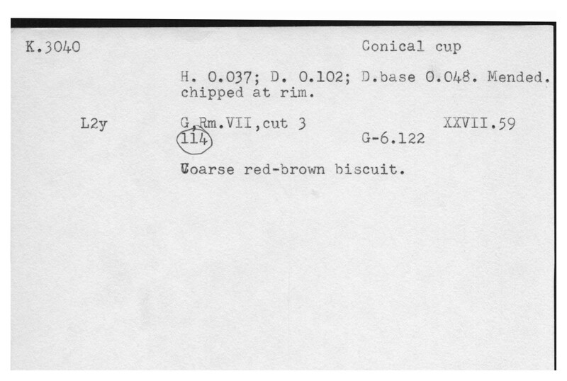Index card with typed and handwritten information, sometimes including a sketch, of pottery from an excavation.
