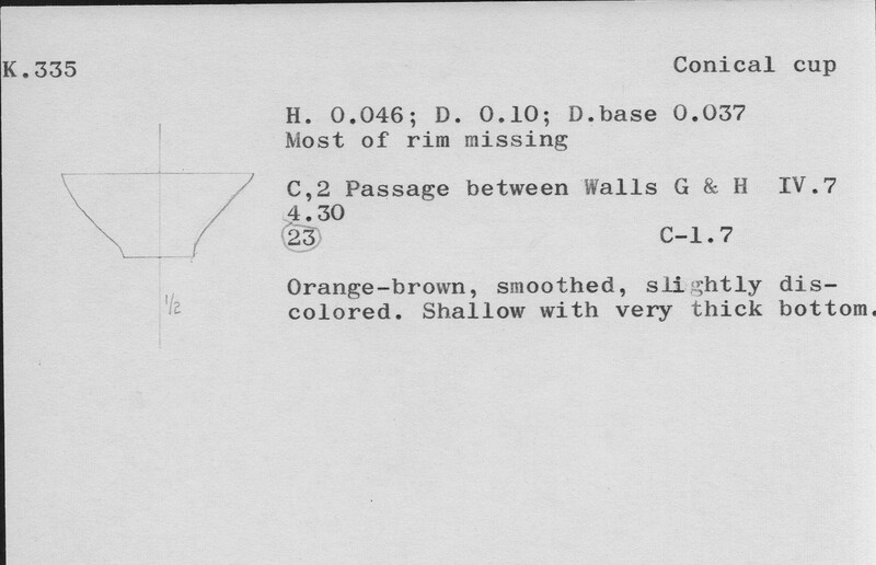 Index card with typed and handwritten information, sometimes including a sketch, of pottery from an excavation.