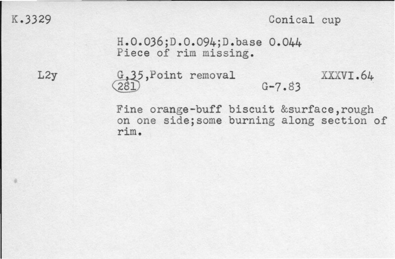 Index card with typed and handwritten information, sometimes including a sketch, of pottery from an excavation.
