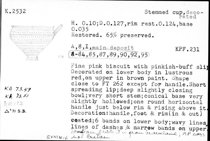 Index card with typed and handwritten information, sometimes including a sketch, of pottery from an excavation.