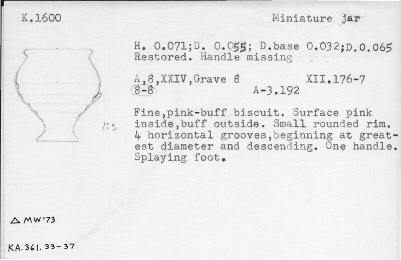 Index card with typed and handwritten information, sometimes including a sketch, of pottery from an excavation.