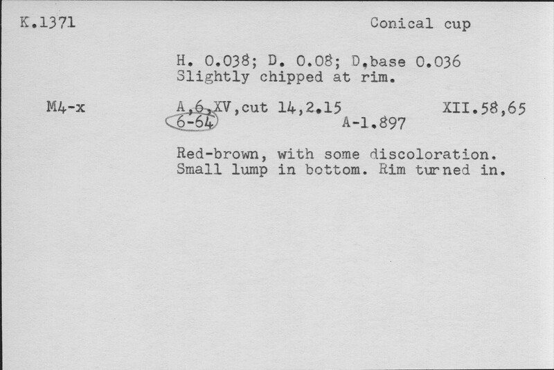 Index card with typed and handwritten information, sometimes including a sketch, of pottery from an excavation.