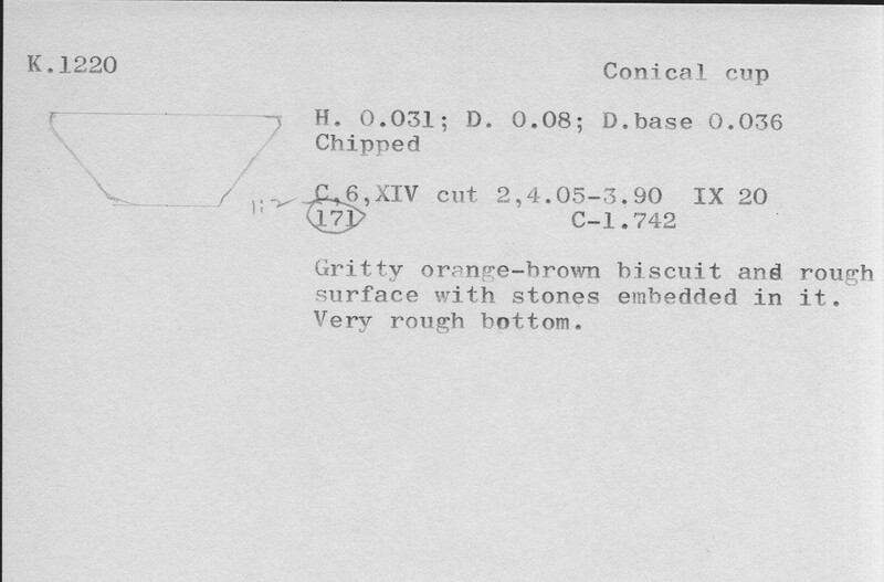 Index card with typed and handwritten information, sometimes including a sketch, of pottery from an excavation.