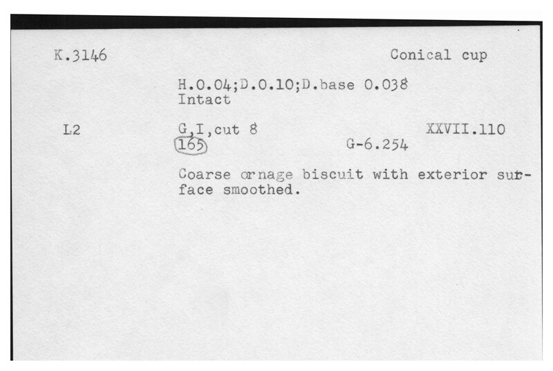 Index card with typed and handwritten information, sometimes including a sketch, of pottery from an excavation.
