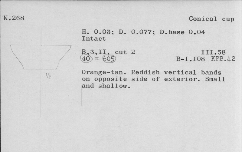 Index card with typed and handwritten information, sometimes including a sketch, of pottery from an excavation.
