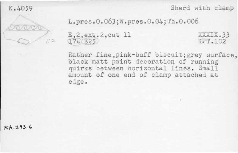 Index card with typed and handwritten information, sometimes including a sketch, of pottery from an excavation.