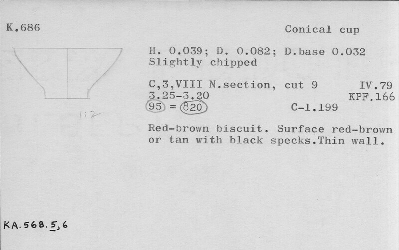 Index card with typed and handwritten information, sometimes including a sketch, of pottery from an excavation.