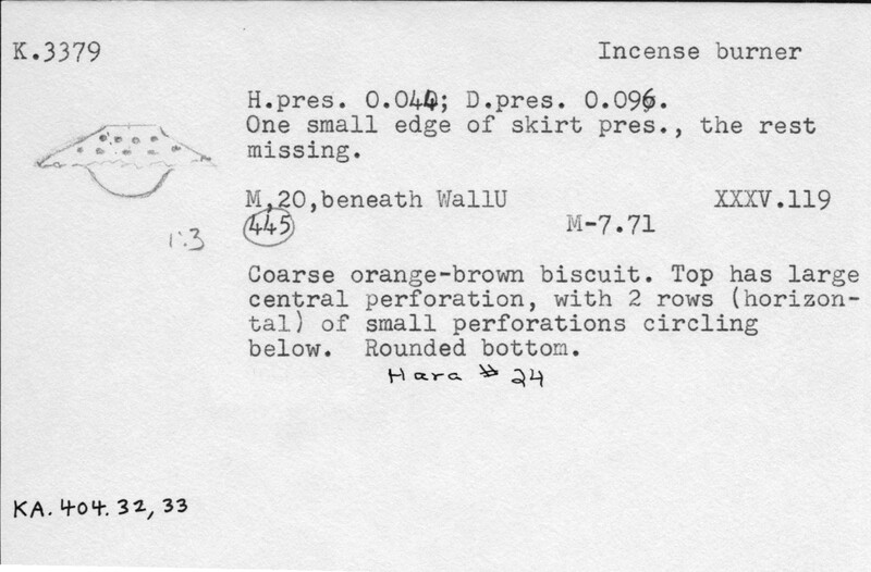 Index card with typed and handwritten information, sometimes including a sketch, of pottery from an excavation.