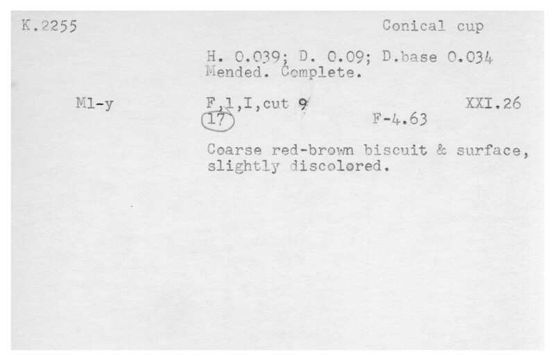 Index card with typed and handwritten information, sometimes including a sketch, of pottery from an excavation.