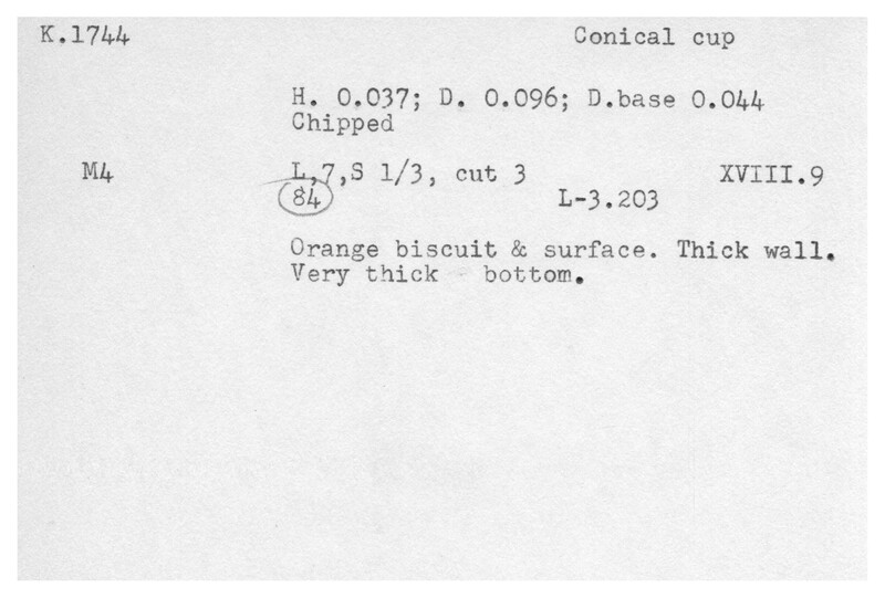 Index card with typed and handwritten information, sometimes including a sketch, of pottery from an excavation.