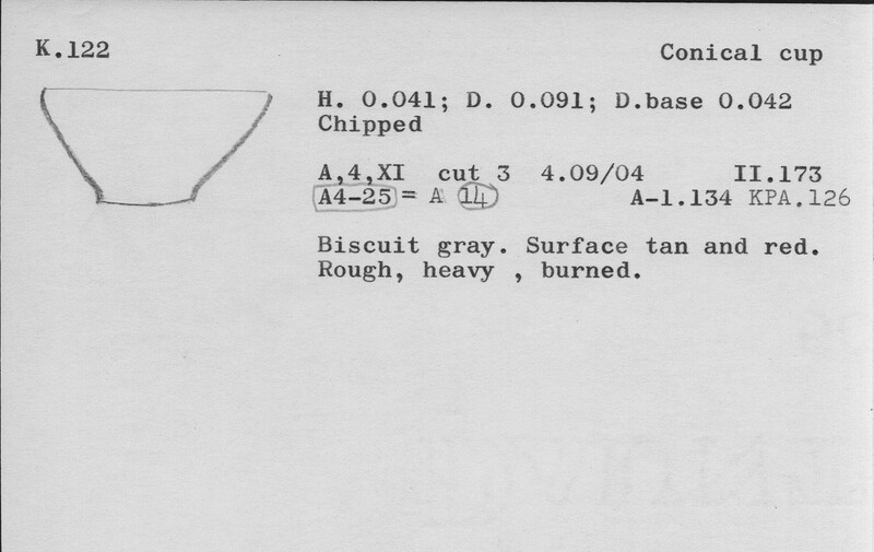 Index card with typed and handwritten information, sometimes including a sketch, of pottery from an excavation.