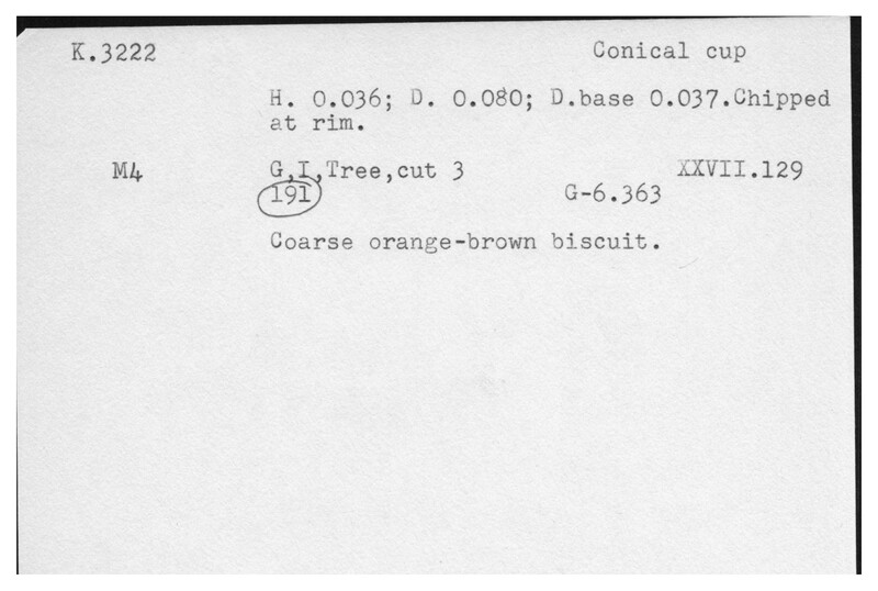 Index card with typed and handwritten information, sometimes including a sketch, of pottery from an excavation.