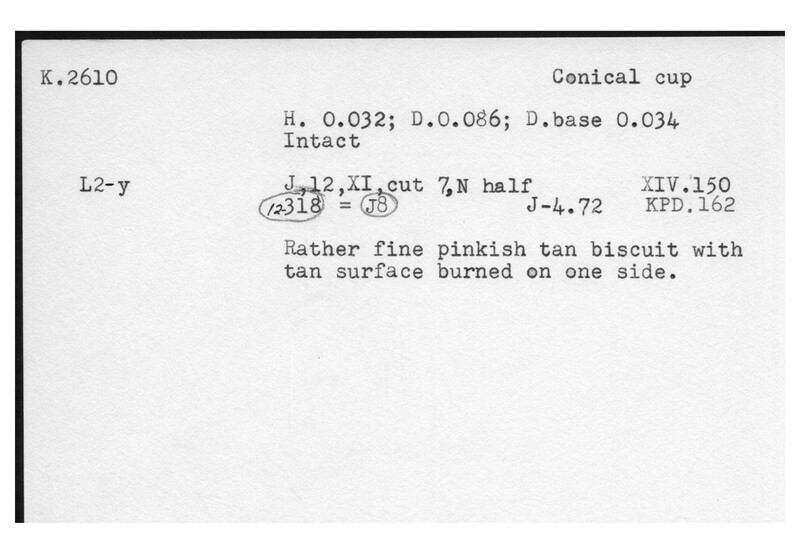 Index card with typed and handwritten information, sometimes including a sketch, of pottery from an excavation.