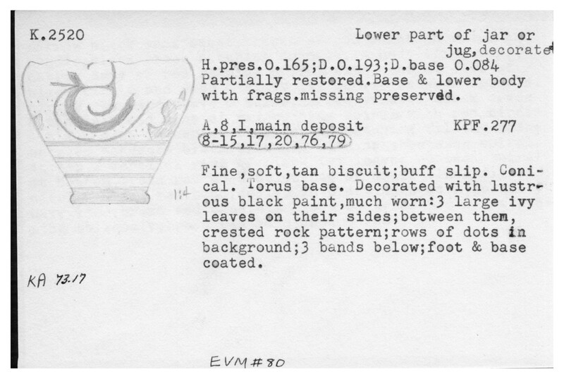 Index card with typed and handwritten information, sometimes including a sketch, of pottery from an excavation.