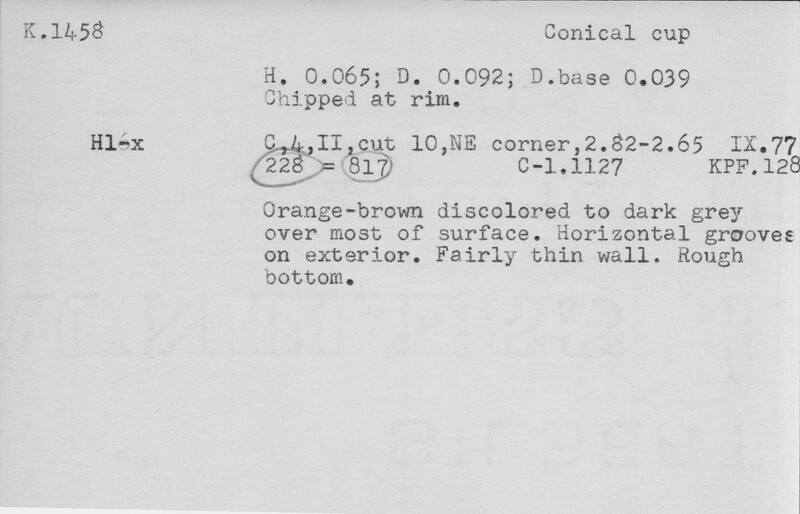 Index card with typed and handwritten information, sometimes including a sketch, of pottery from an excavation.
