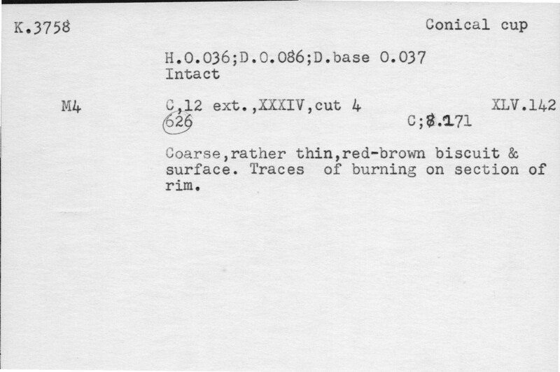 Index card with typed and handwritten information, sometimes including a sketch, of pottery from an excavation.