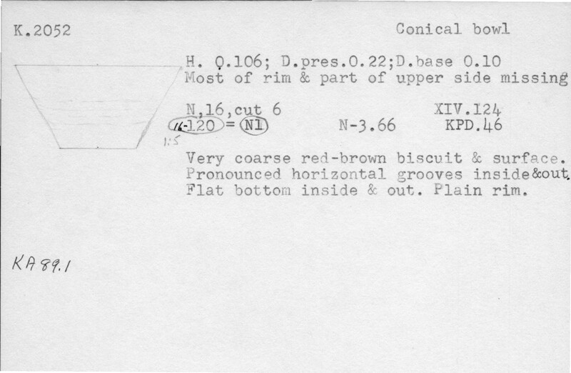 Index card with typed and handwritten information, sometimes including a sketch, of pottery from an excavation.