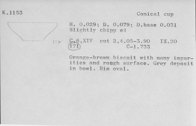 Index card with typed and handwritten information, sometimes including a sketch, of pottery from an excavation.